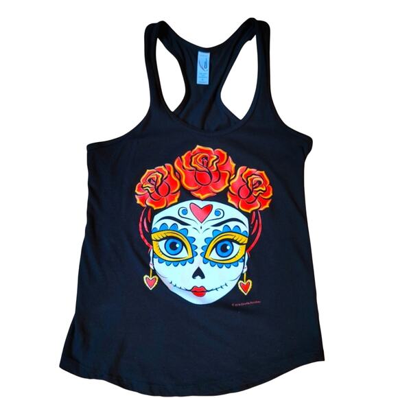 Dia de Los Muertos Tank, Size Small Day of the Dead, Sugar Skull Roses Top NEW - Picture 1 of 5